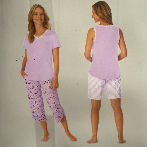 Midnight by Carole Hochman 4-Piece Cotton Pajama Purple Floral Stripe Sleepwear - Picture 6 of 7